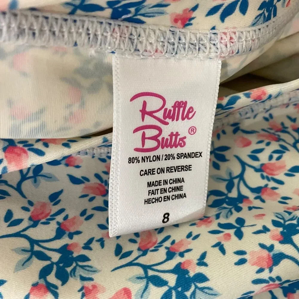 Ruffle Butts Girls Blue/Pink Floral Rash Guard Top Only Size 8 long sleeve